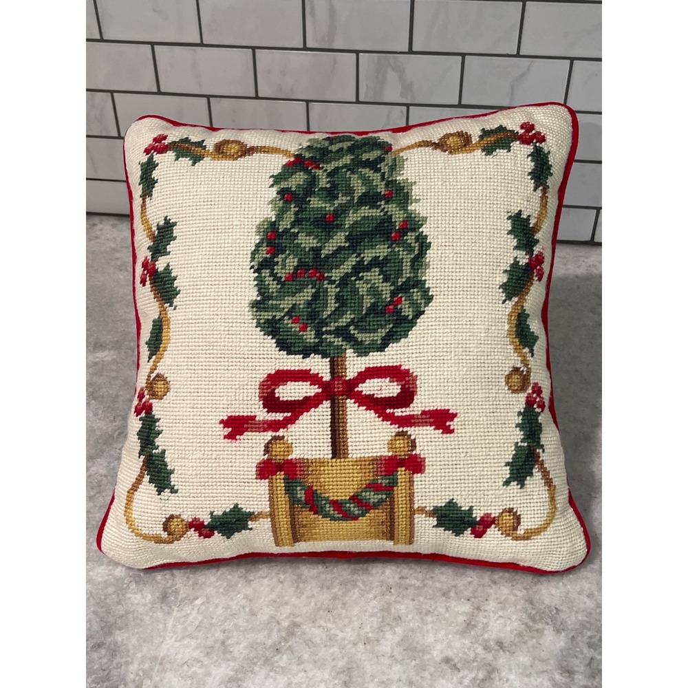 Vintage Christmas Needlepoint Pillow 12in Red Velvet Topiary Holiday Metallic
